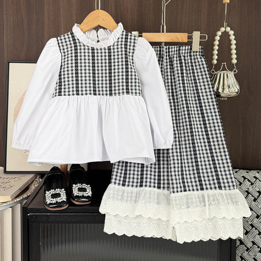 Girls' Classic Plaid Ruffle Lace Set