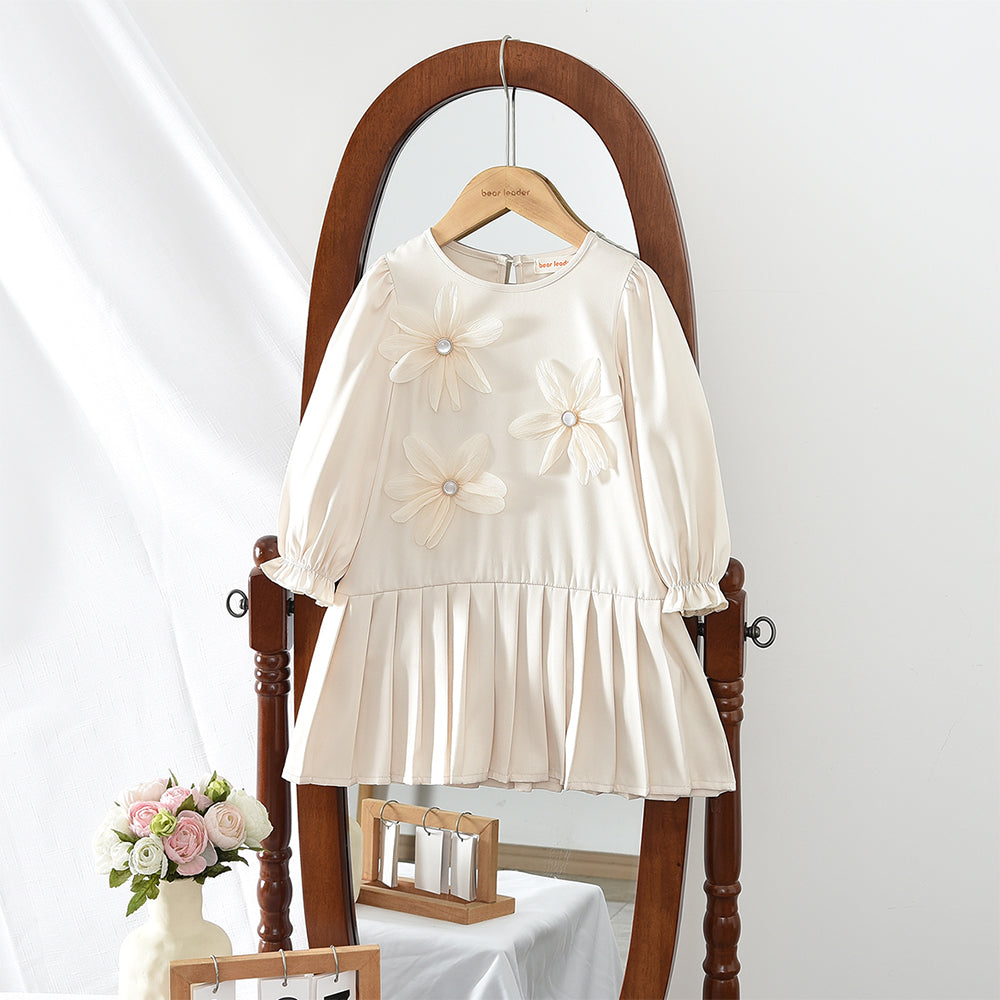 Girls' Long Sleeve Flowers Pleated Dress