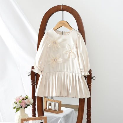 Girls' Long Sleeve Flowers Pleated Dress