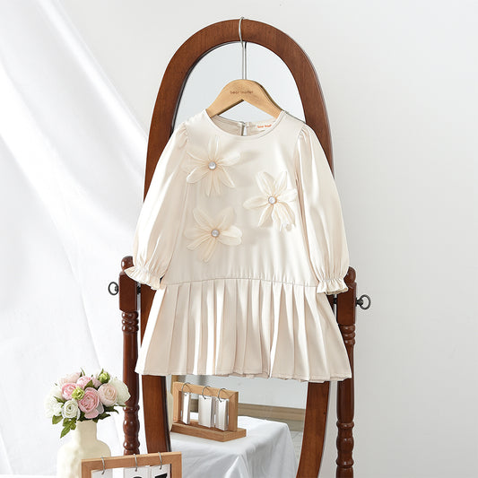 Girls' Long Sleeve Flowers Pleated Dress