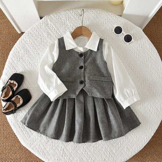Girls' Blouse+Vest+Pleated Skirt 3pcs Fashion Set