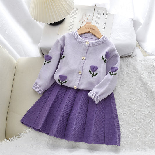 Girls' Tulip Knitted Cardigan+Pleated Skirt 2pcs Set