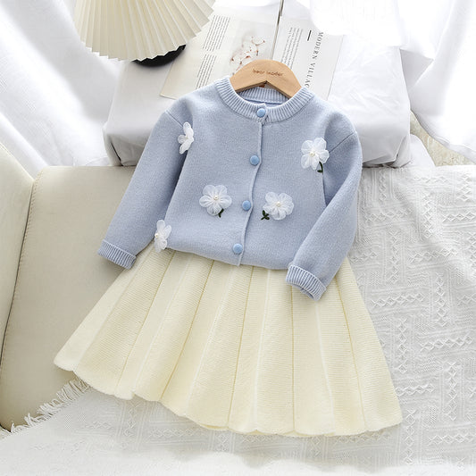 Girls' Lace Flowers Knitted Cardigan+Skirt 2pcs Set