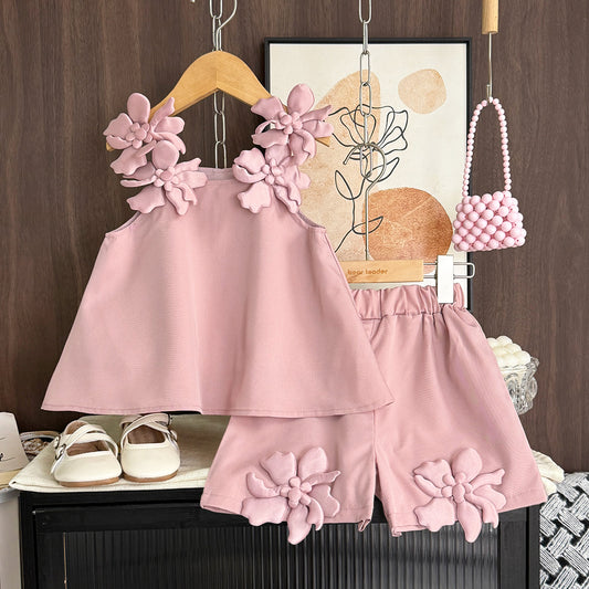 Girls' 3D Flowers Sun-top+Shorts Vacation Set