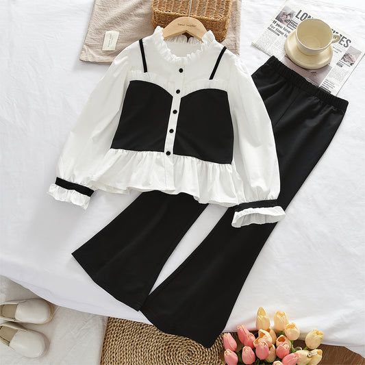 Girls' Patchwork Blouse+Flared Trousers Vintage Set