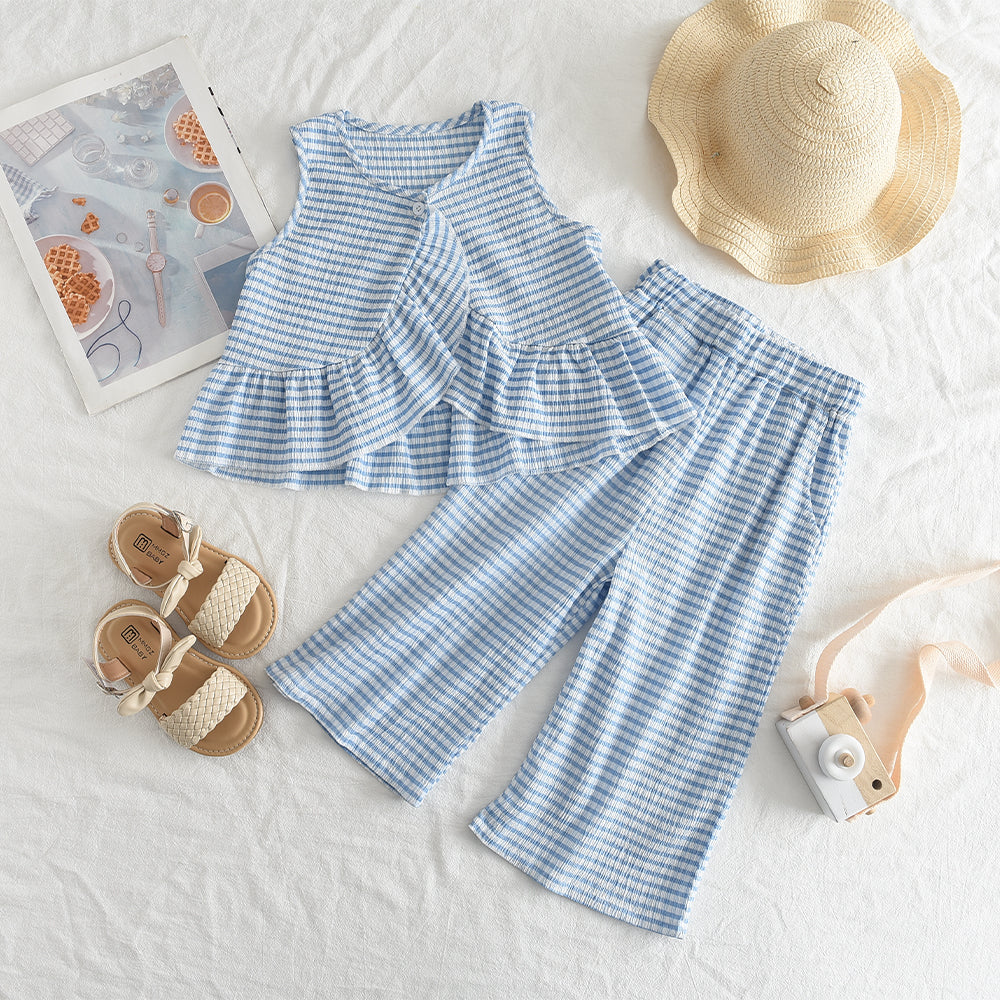 Girls' Strips Ruffle Loose Style Casual Set
