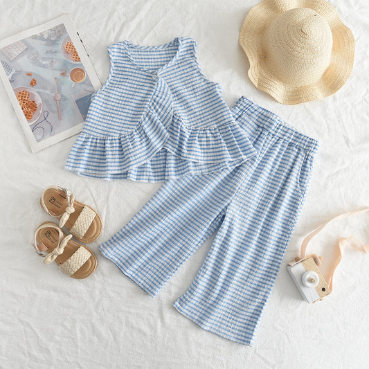 Girls' Strips Ruffle Loose Style Casual Set
