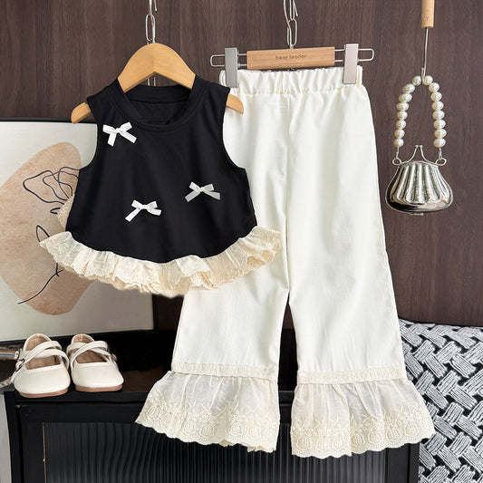 Girls' Bow-knot Lace Top+Trousers Princess Set