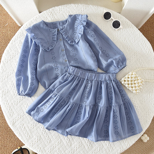 Girls' Floral Hollow-out Ruffle Set