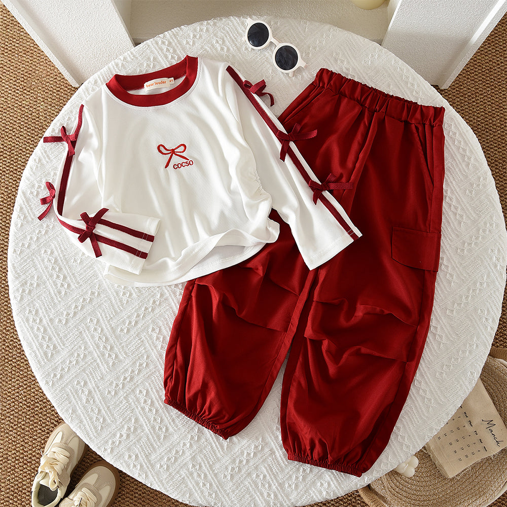 Girls' Bow-knot Letters T-shirt+Trousers Street Set