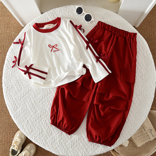 Girls' Bow-knot Letters T-shirt+Trousers Street Set