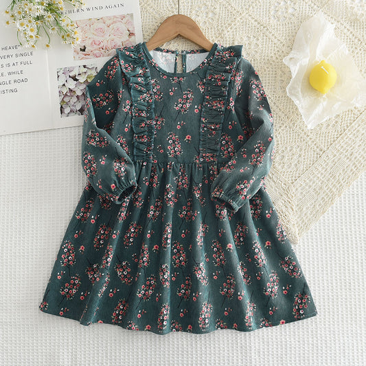 Girls' Floral Print Long Sleeve Casual Dress