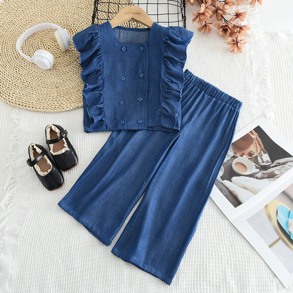 Girls‘ Ruffle Buttons Top+Pant Set