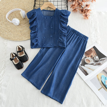 Girls‘ Ruffle Buttons Top+Pant Set