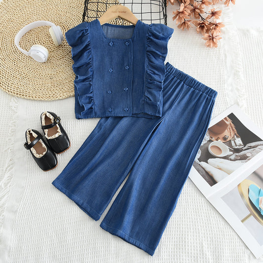 Girls‘ Ruffle Buttons Top+Pant Set
