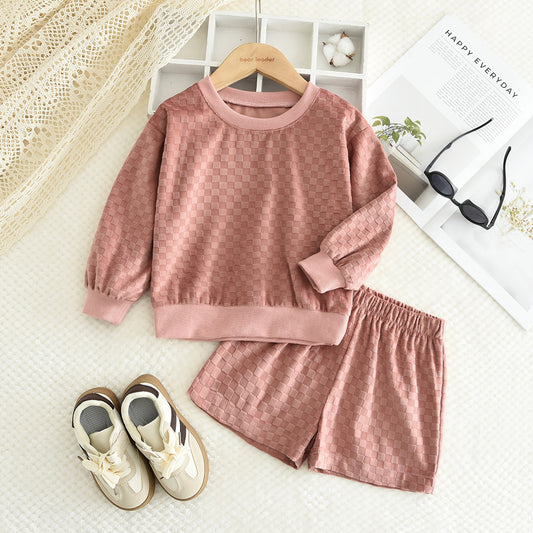 Girls' Plaid Pattern Shorts Casual Set