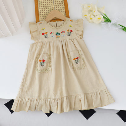 Girls' Floral Embroidery Pockets Cotton Dress