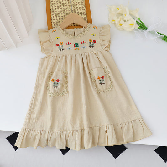 Girls' Floral Embroidery Pockets Cotton Dress