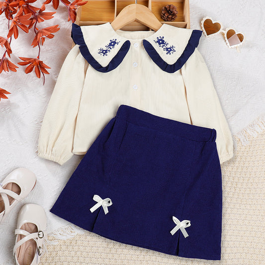 Girls' Embroidery Top+Bow-knot Skirt Set