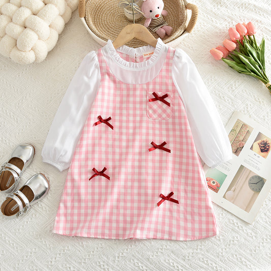Girls' Bow-knot Patchwork Plaid Dress