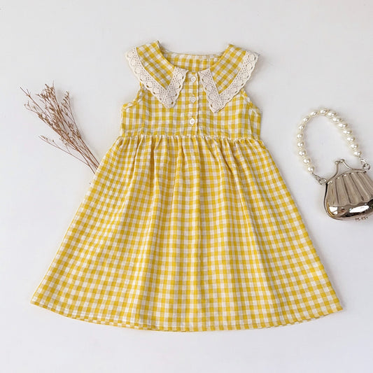 Girls' Plaid Pattern Lace Dress