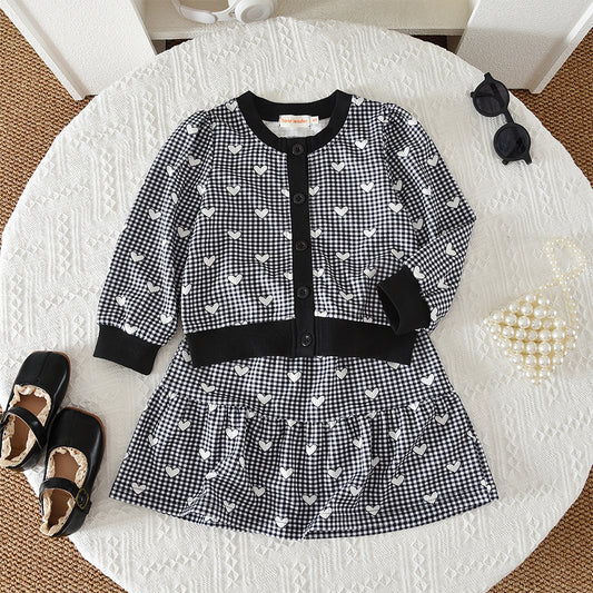 Girls' Cartoon Printing Cardigan Skirt 2pcs Plaid Set