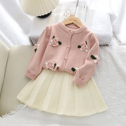 Girls' 3d Flowers Knitted Cardigan+Skirt 2pcs Sweater Set