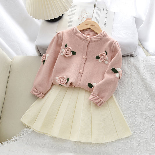 Girls' 3d Flowers Knitted Cardigan+Skirt 2pcs Sweater Set