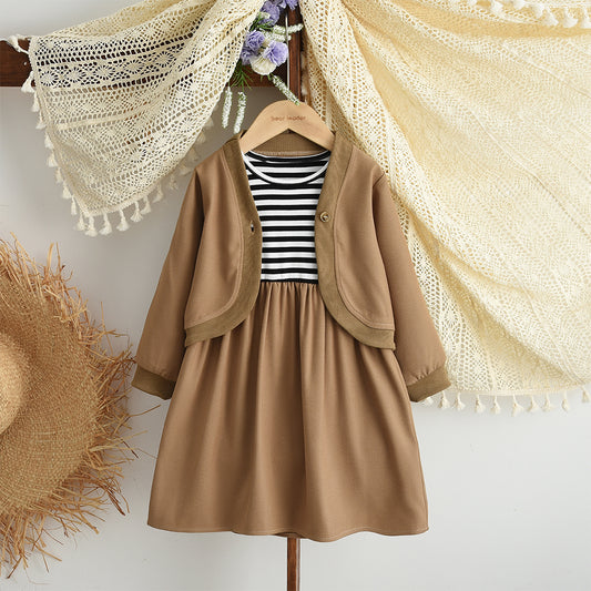 Girls' Stripes Patchwork Dress+Coat Casual Set