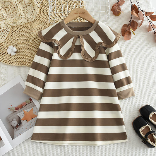 Girls' Stripes Large Lapel Casual Dress
