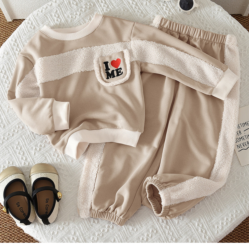 Girls'&Boys' Letters Flannelette Patchwork Sweatshirt Set