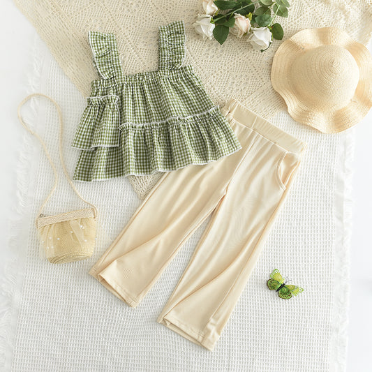Girls' Ruffle Plaid Sun-top+Trousers Set