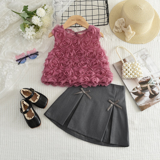 Girls' Rose Top+Cute Skirt Fashion Set