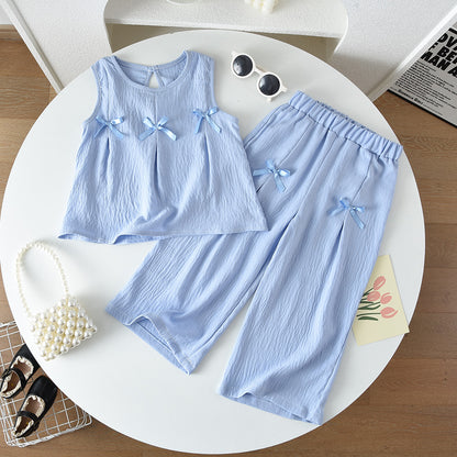 Girls' Bow-knot Soft Top+Pant Set