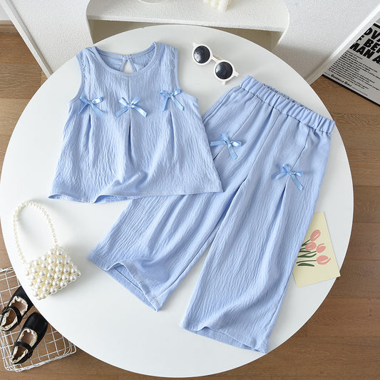 Girls' Bow-knot Soft Top+Pant Set