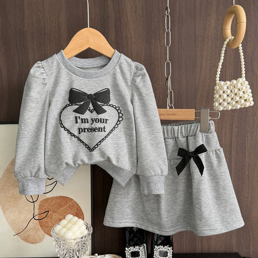 Girls' Cartoon Letter Top+Bow-knot Skirt Set
