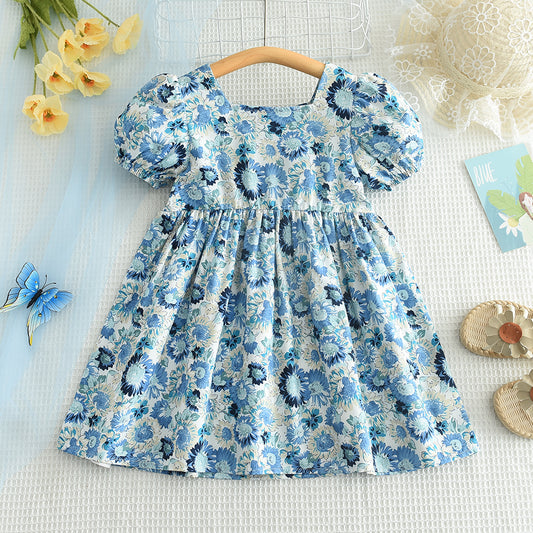 Girls' Floral Prints Art Blue Casual Dress