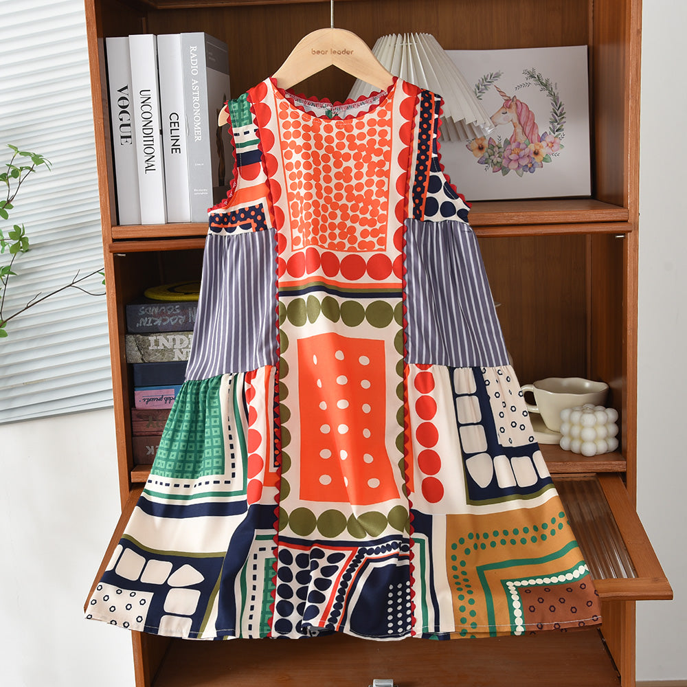Girls' Geometry Print Color Blocking Sleeveless Dress