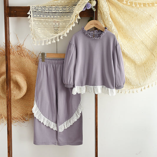 Girls' Ruffle Top+Wide Leg Trousers Lace Set
