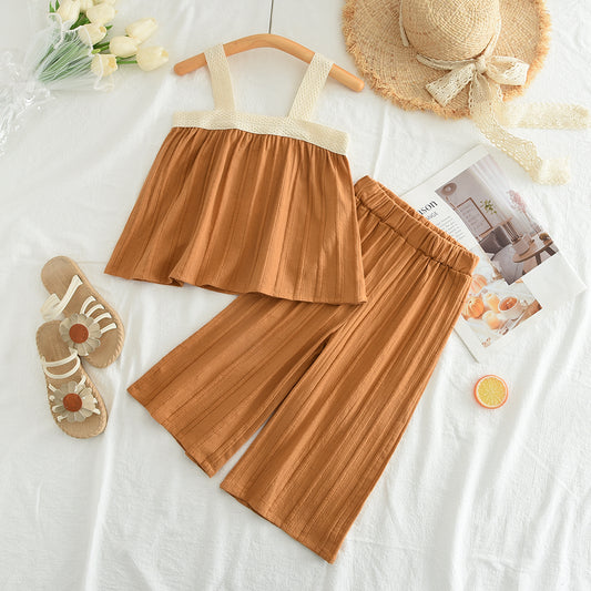 Girls' Lace Sun-top+Loose Pant Vacation Set