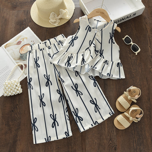 Girls' Bow-knot Printing Trouser Set