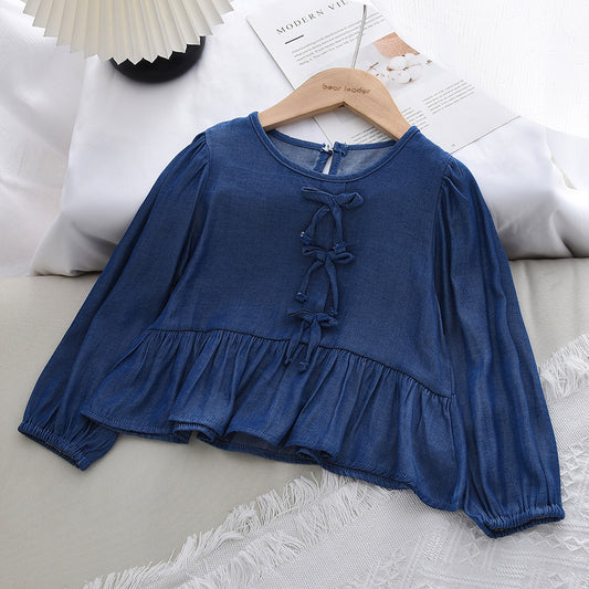 Girls' Bow-knot Fake Denim Ruffle Blouse