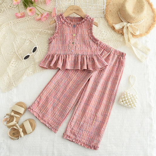 Girls' Ruffle Plaid Contrast Colors Vacation Set