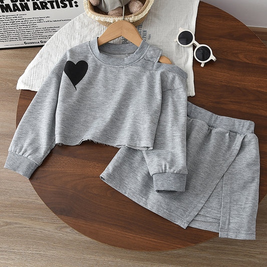Girls' Cartoon Heart Cutout Sweatshirt Set