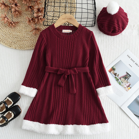 Girls' Wine Red Christmas Outfit Fluffy Patchwork Dress+A free beret