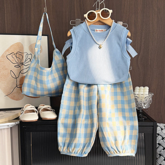 Girls' Plaid Trousers Cute Set+Free Bag