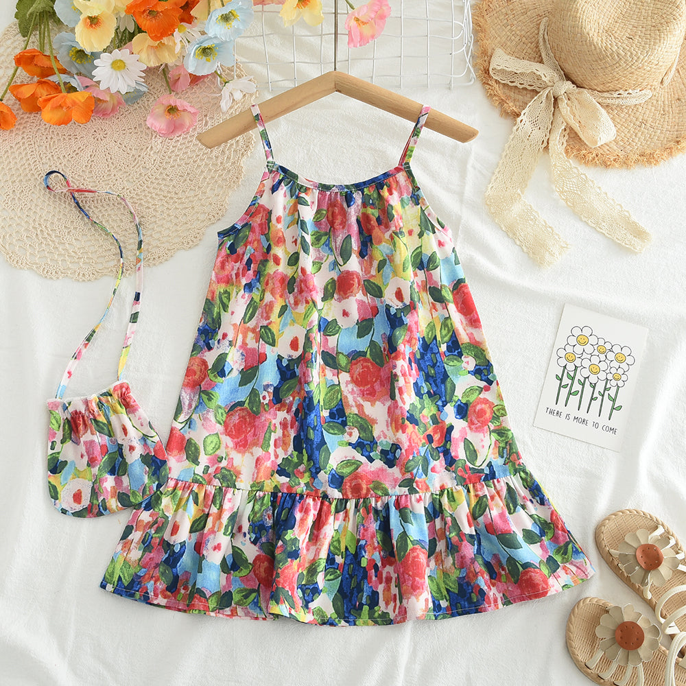Girls' Colorful Floral Print Sundress+A Free Bag