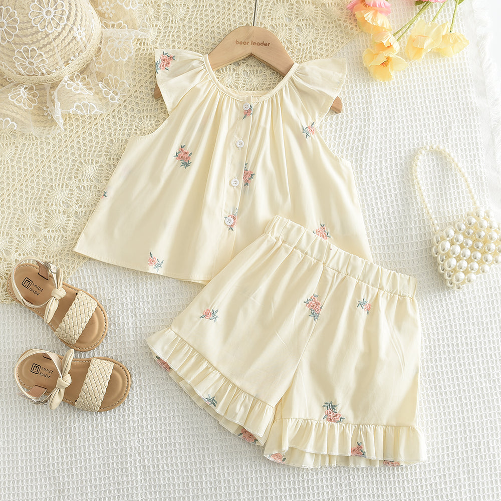 Girls' Floral Embroidery Ruffle Cotton Set