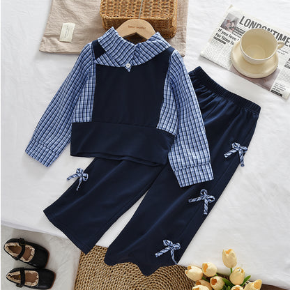 Girls' Patchwork Plaid Blouse Bow Trousers Stylish Outfit