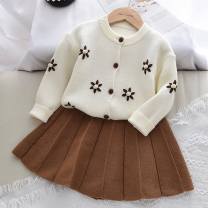 Girls' 3D Floral Cardigan+Pleated Skirt Knitted Sweater Set